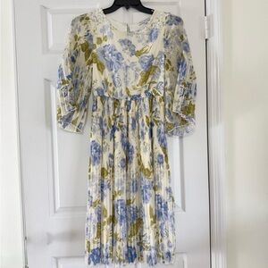 Vintage Ryan Michelle Cream Lavender Floral Pleated Dress Size Small